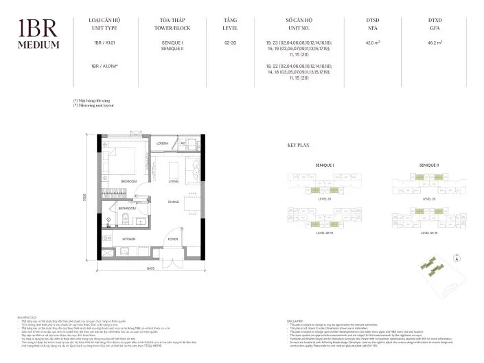 Mặt bằng căn hộ 1PN 42m2 Tòa The Senique 2 The Senique Hanoi