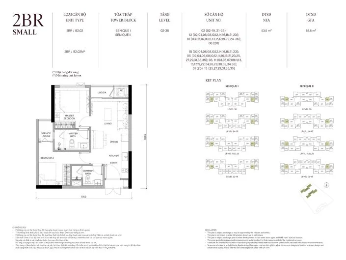 Mặt bằng căn hộ 2PN 53.5m2 Tòa The Senique 2 The Senique Hanoi