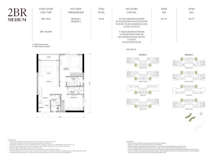 Mặt bằng căn hộ 2PN 64.3m2 Tòa The Senique 2 The Senique Hanoi