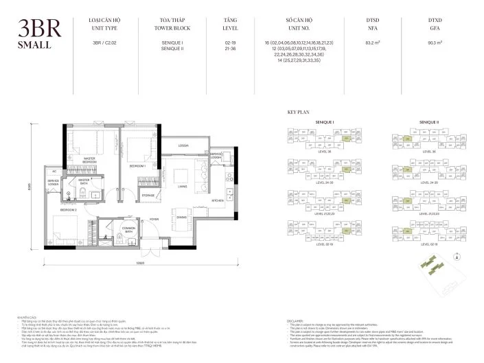 Mặt bằng căn hộ 3PN 83.2m2 Tòa The Senique 2 The Senique Hanoi