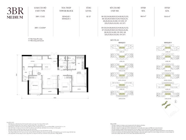 Mặt bằng căn hộ 3PN 96.8m2 Tòa The Senique 2 The Senique Hanoi