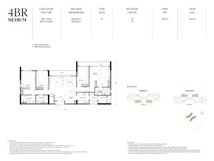 Mặt bằng căn hộ 4PN 153.6m2 Tòa The Senique 2 The Senique Hanoi