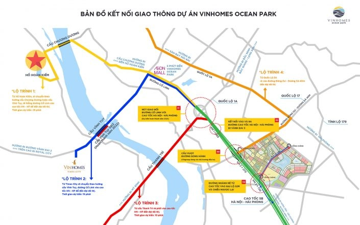 Bản đồ kết nối giao thông dự án Vinhomes Ocean Park, thể hiện các tuyến đường chính và vị trí chiến lược
