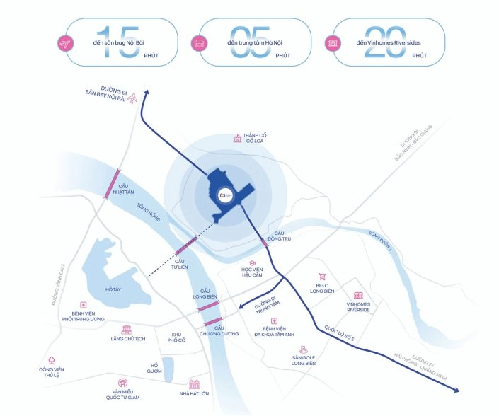 Bản đồ vị trí dự án thể hiện khoảng cách và thời gian di chuyển đến sân bay Nội Bài, trung tâm Hà Nội và các khu vực lân cận.