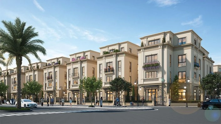 Dãy nhà phố thương mại hoặc biệt thự liền kề kiến trúc tân cổ điển sang trọng, mặt tiền đường rộng rãi.