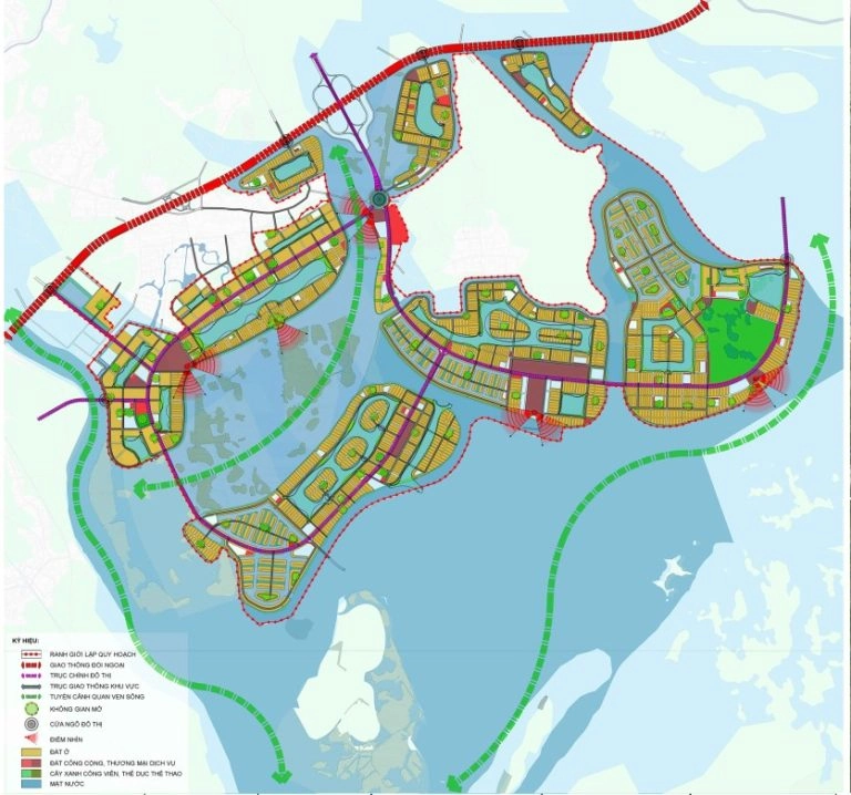 Bản đồ quy hoạch chi tiết tổng thể dự án với các khu chức năng, đường giao thông và mặt nước