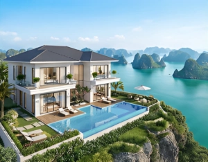 Phối cảnh biệt thự nghỉ dưỡng sang trọng có hồ bơi riêng trên vách đá nhìn ra vịnh biển Hạ Long
