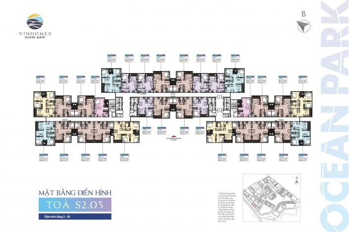 Mặt bằng điển hình tầng 2-20 tòa S2.03 Vinhomes Ocean Park với các căn hộ đa dạng