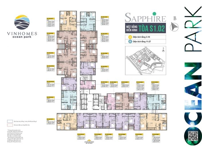 Mặt bằng điển hình tòa S1.02 phân khu Sapphire B của dự án Vinhomes Ocean Park với bố trí các căn hộ.