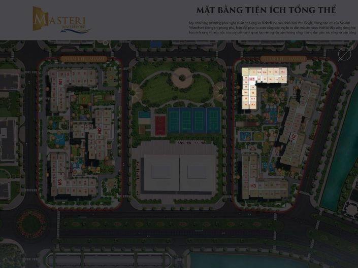 Mặt bằng tiện ích tổng thể dự án Masteri Waterfront, hiển thị vị trí các tòa nhà H1, M1, M2, M3 và các khu vực xanh