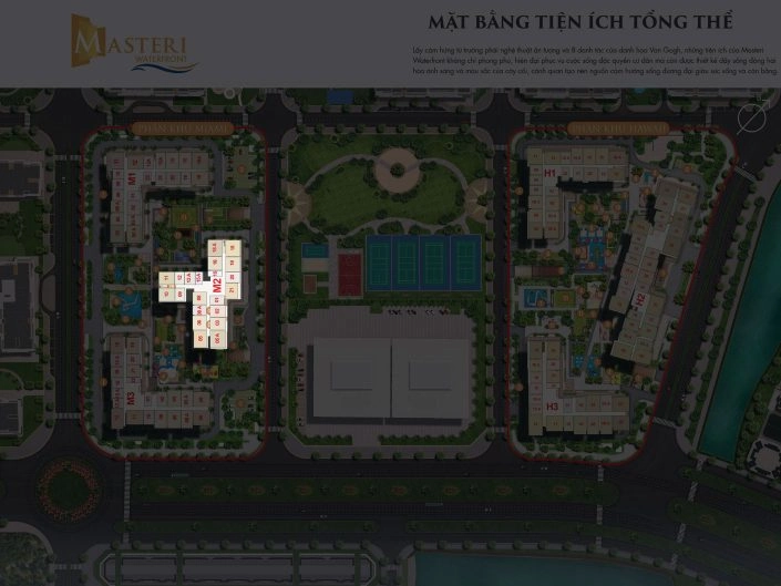 Mặt bằng tổng thể tiện ích dự án, hiển thị vị trí các tòa nhà và khu vực tiện ích chung