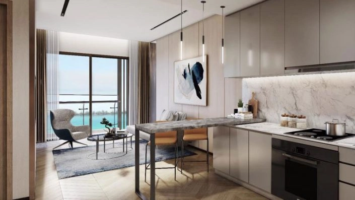 Nội thất căn hộ hiện đại với khu vực bếp và phòng khách liền kề, có ban công nhìn ra hồ nước