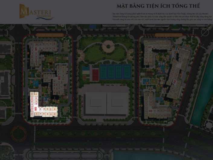 Mặt bằng tiện ích tổng thể dự án, thể hiện vị trí các tòa nhà và khu vực tiện ích.