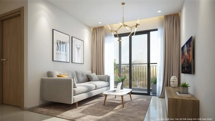 Nội thất phòng khách hiện đại với sofa, bàn trà và cửa sổ lớn nhìn ra ban công