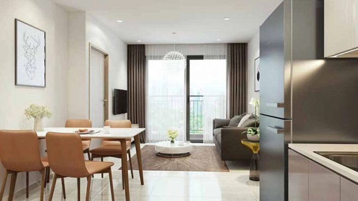 Không gian phòng khách và phòng ăn liền kề trong căn hộ với nội thất hiện đại