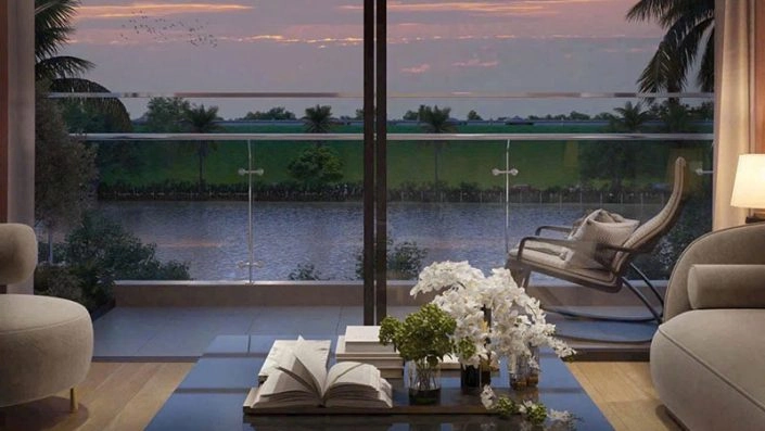 Góc nhìn từ phòng khách căn hộ ra ban công và hồ nước xanh mát lúc hoàng hôn