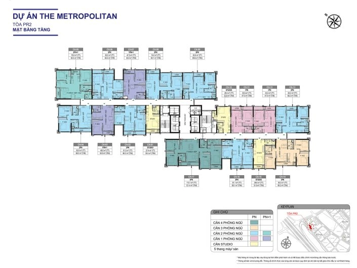 Mặt bằng tầng điển hình tòa PR2 dự án The Metropolitan với các loại căn hộ 1, 2, 3 phòng ngủ và studio
