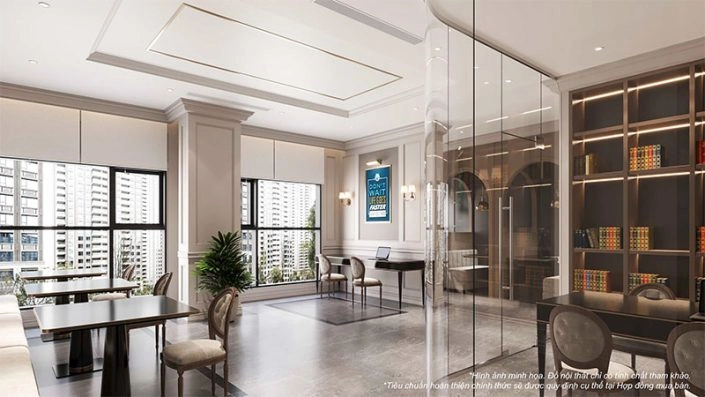 Không gian phòng chờ hoặc thư viện sang trọng với nội thất hiện đại và cửa sổ lớn