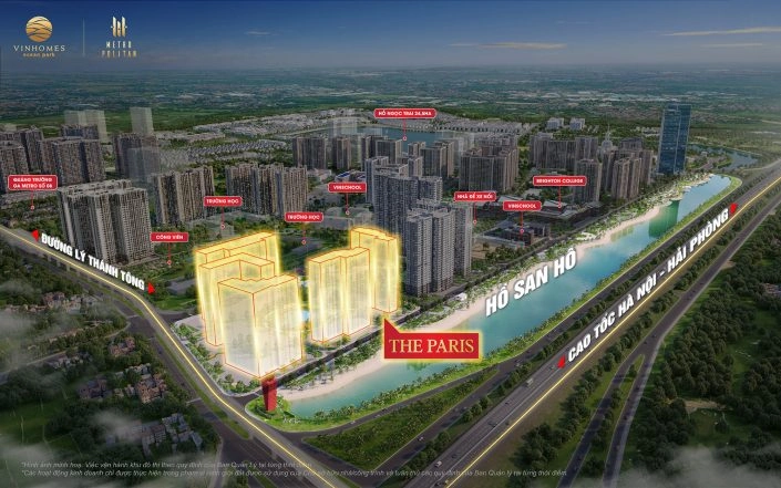 Bản đồ tổng thể dự án The Metropolitan với các khu vực nổi bật như Hồ San Hô, Cao tốc Hà Nội - Hải Phòng và khu The Paris