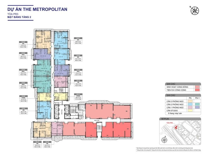 Mặt bằng tầng 2 Tòa PR3 dự án The Metropolitan, hiển thị các căn hộ và khu vực sinh hoạt cộng đồng