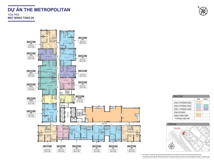 Mặt bằng tầng 20 Tòa PR3 dự án The Metropolitan, với các loại căn hộ và tiện ích giàn lá nan