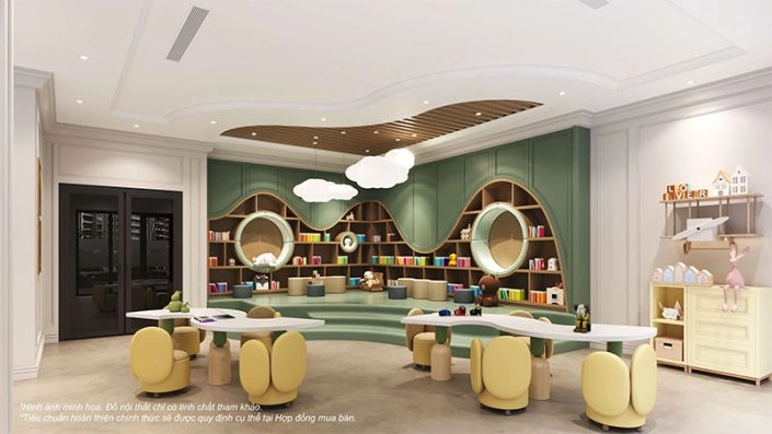 Không gian thư viện và khu vui chơi trẻ em nội khu với thiết kế hiện đại, nhiều màu sắc