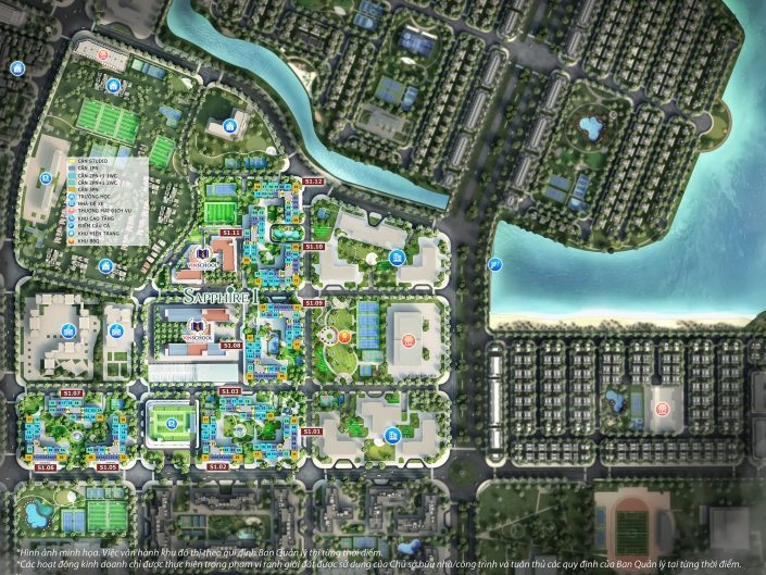Bản đồ mặt bằng tổng thể phân khu Sapphire 1, chi tiết các tòa nhà, trường học, sân thể thao và tiện ích nội khu cạnh hồ nước.