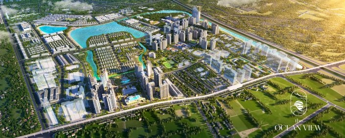 Toàn cảnh quy hoạch tổng thể dự án The Ocean View từ trên cao, bao gồm khu căn hộ, biệt thự, hồ nước và cảnh quan xanh