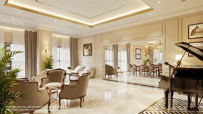 Phòng sinh hoạt cộng đồng sang trọng với đàn piano, ghế sofa êm ái và bàn ăn lớn