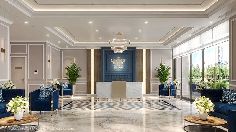Sảnh lễ tân sang trọng với thiết kế hiện đại, đèn chùm và nội thất cao cấp