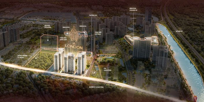 Sơ đồ tổng thể dự án The London với các tiện ích xung quanh, trường học và sông