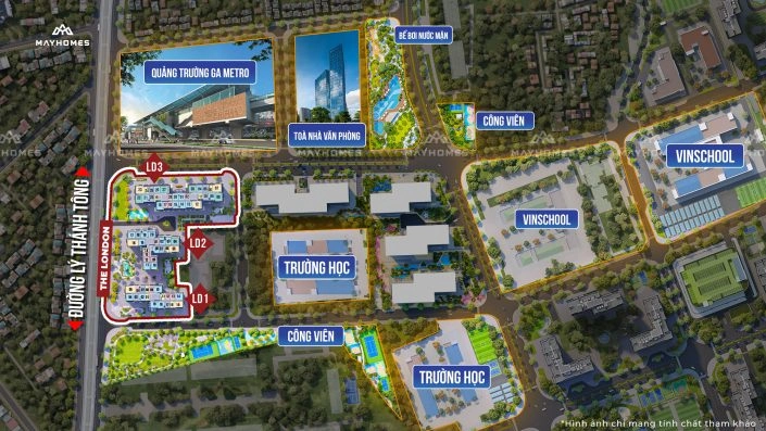 Bản đồ quy hoạch chi tiết dự án The London với vị trí các tòa L01, L02, L03, trường học và công viên