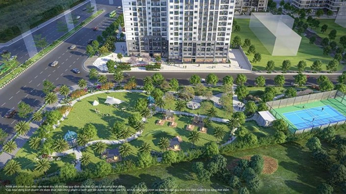 Công viên xanh rộng lớn với sân tennis, khu vui chơi và đường dạo bộ nhìn từ trên cao