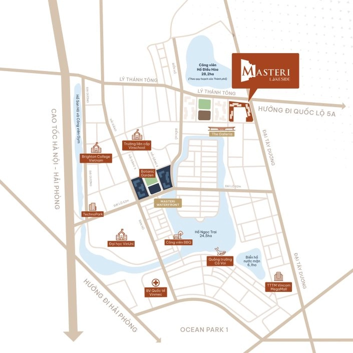 Bản đồ vị trí dự án Masteri Lakeside, thể hiện các tuyến đường chính, hồ điều hòa, công viên và tiện ích xung quanh