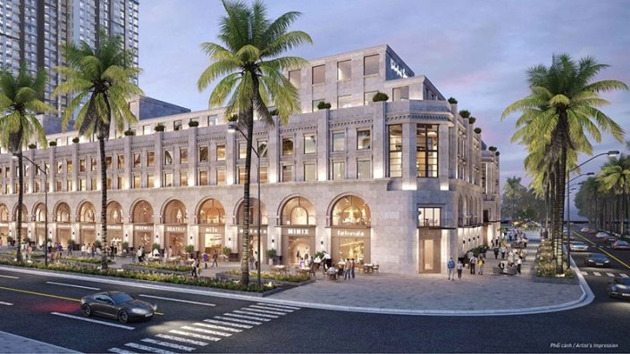 Phối cảnh dãy nhà phố thương mại với kiến trúc tân cổ điển, hàng cọ xanh và người đi bộ trên vỉa hè