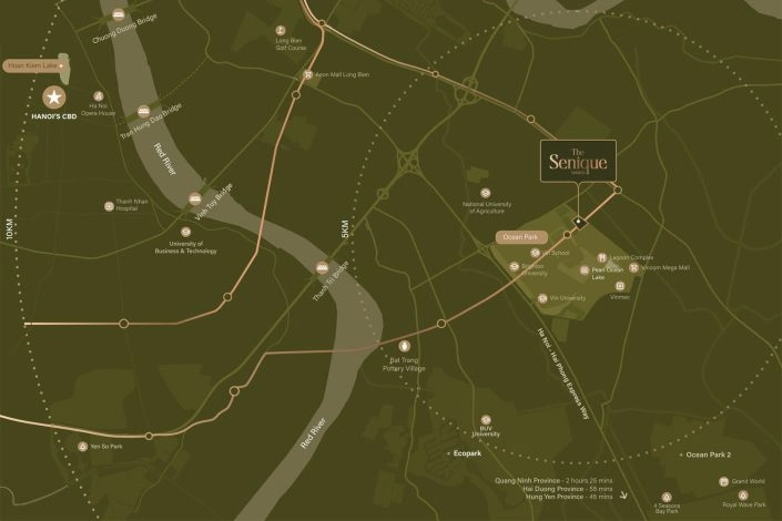 Bản đồ vị trí dự án The Senique hiển thị khoảng cách đến trung tâm Hà Nội, sông Hồng và các tuyến đường chính.