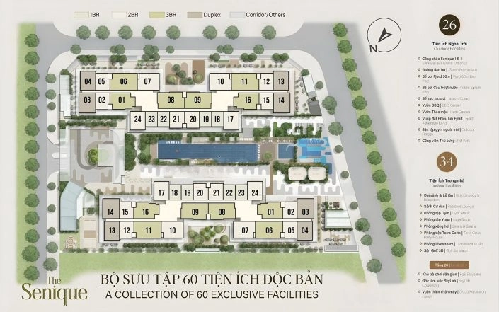 Mặt bằng tổng thể dự án The Senique hiển thị bố cục các tòa nhà, tiện ích nội khu và danh sách 60 tiện ích độc quyền.